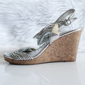 BCBG Paris Metallic Silver Faux Leather Woven Rope Strappy Cork Open Toe Wedges
